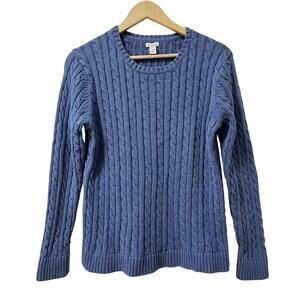 LL Bean Womens Cable Knit Cotton Crew Neck Sweater Size XL Blue Preppy Fisherman